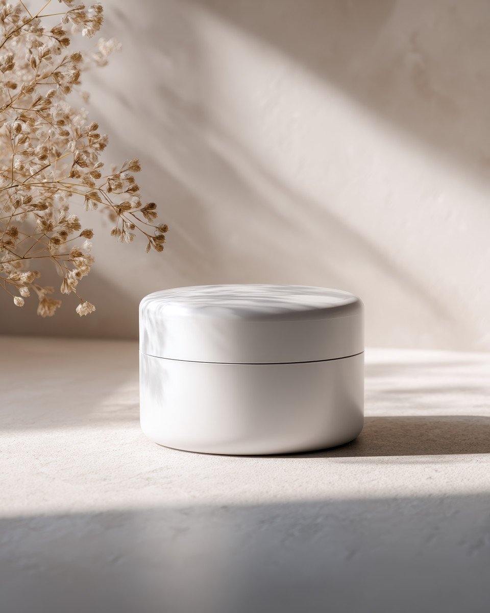 Cosmetic jar mockup on minimalist background with soft natural lighting