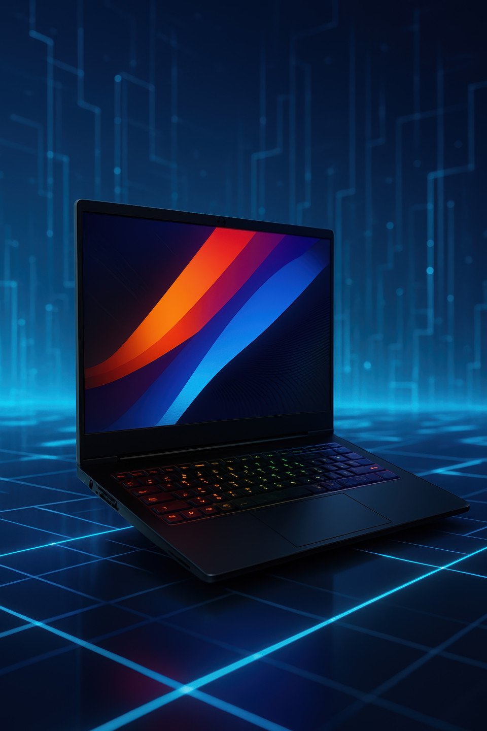 Futuristic gaming laptop with glowing colors and sharp lines set in digital tech background showing advanced performance and modern gaming lifestyle