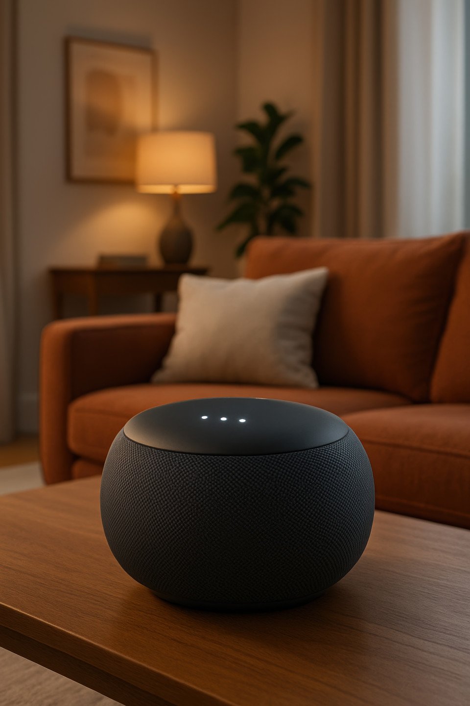 Minimal smart home speaker in stylish modern living room with soft lighting and smooth design showing home automation and smart audio tech concept