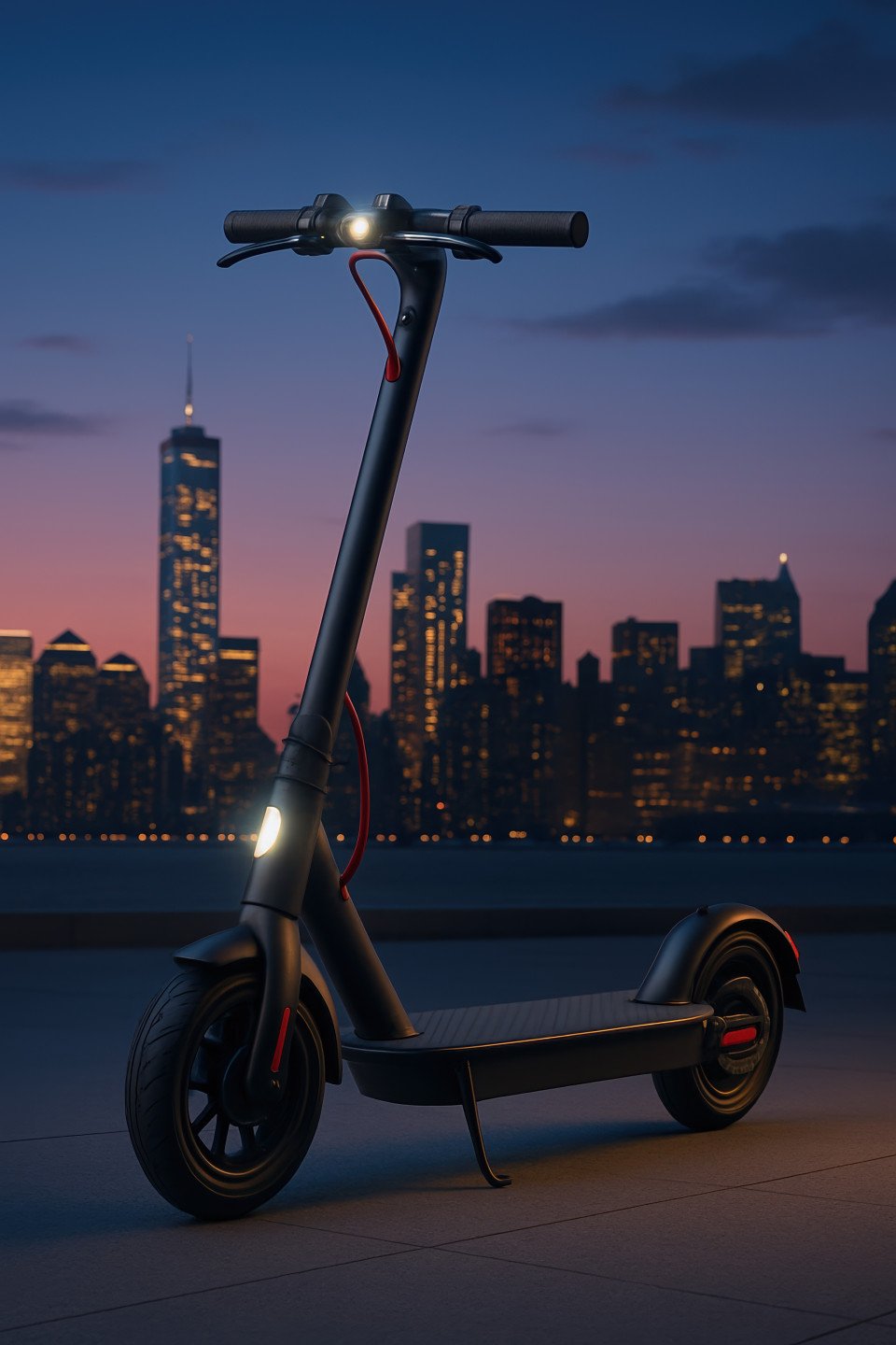 Sleek electric scooter in urban cityscape at dusk with clean design and bright colors highlighting modern mobility and eco friendly transport concept