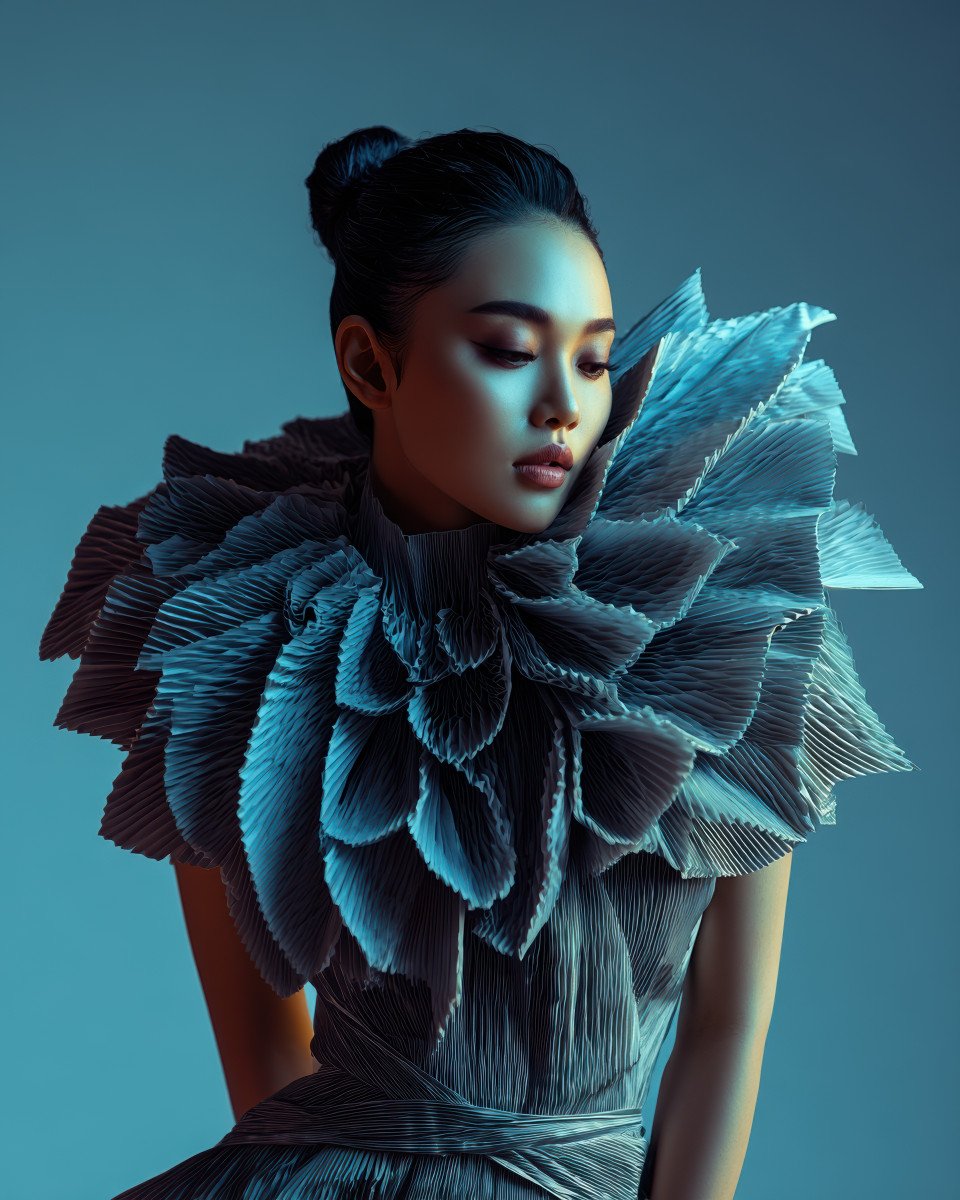 Thai model in origami shouldered couture standing tall