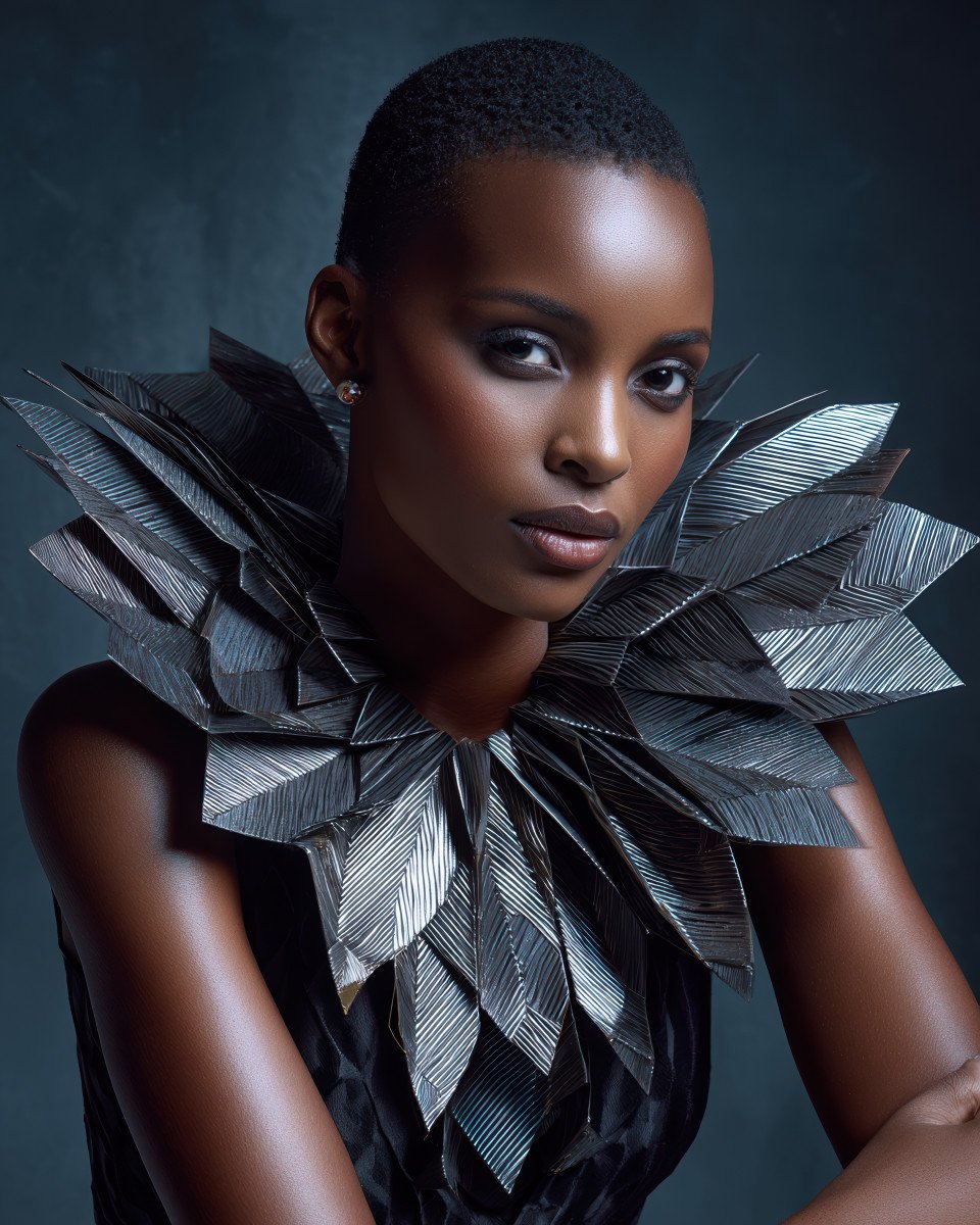 East african model in sculptural couture seated low