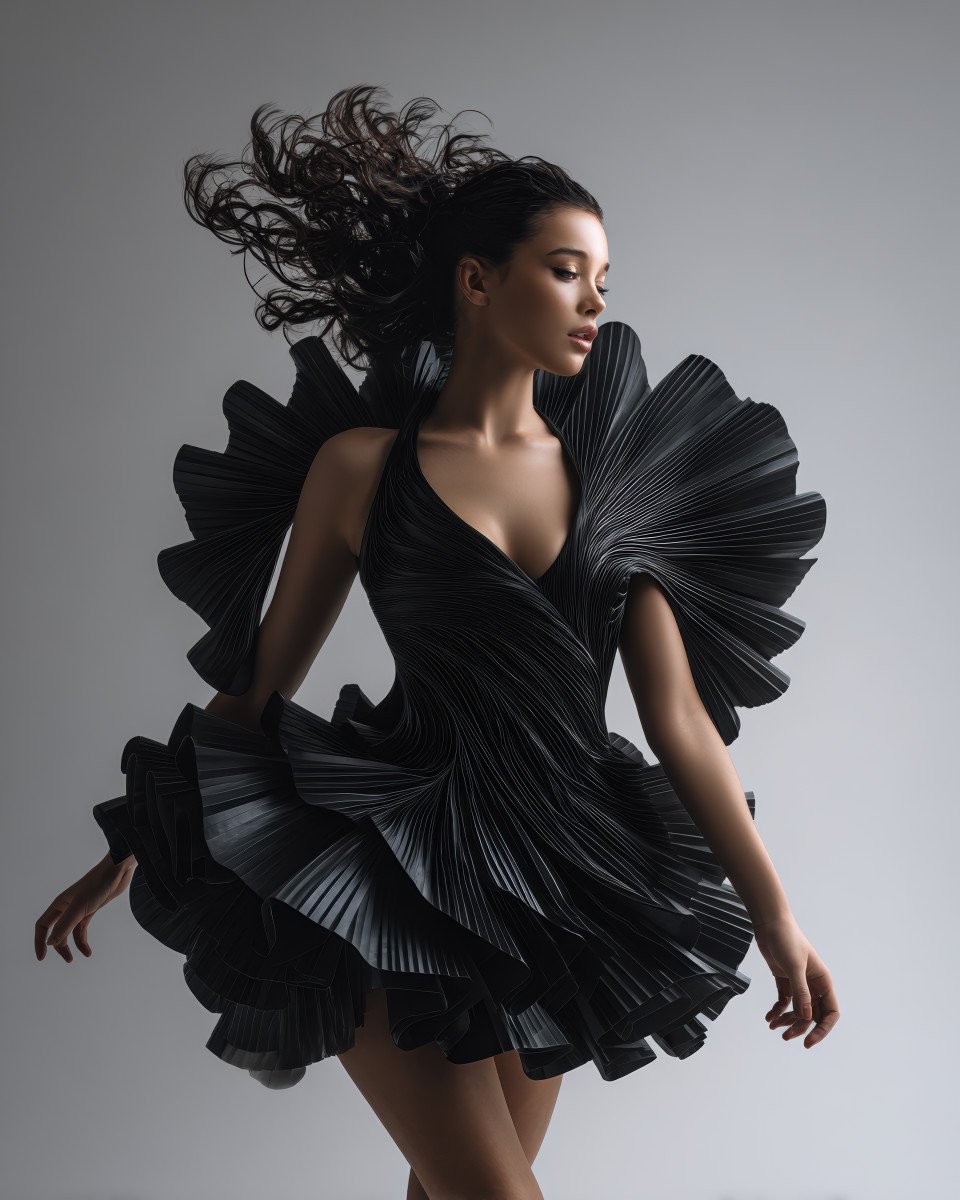 Brazilian model in motion with spiraling corset