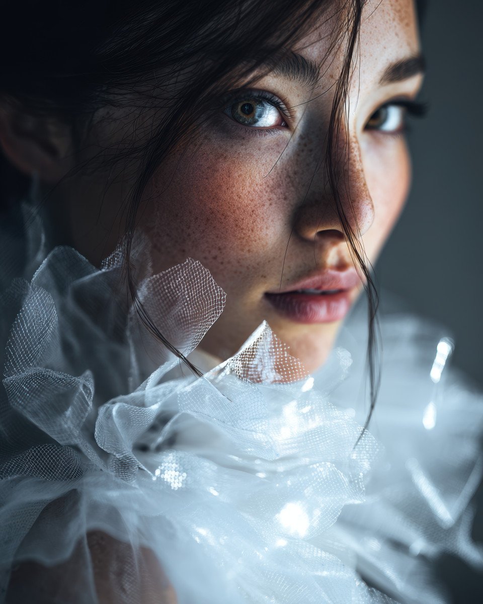 Japanese model in translucent sculpted couture glancing over shoulder