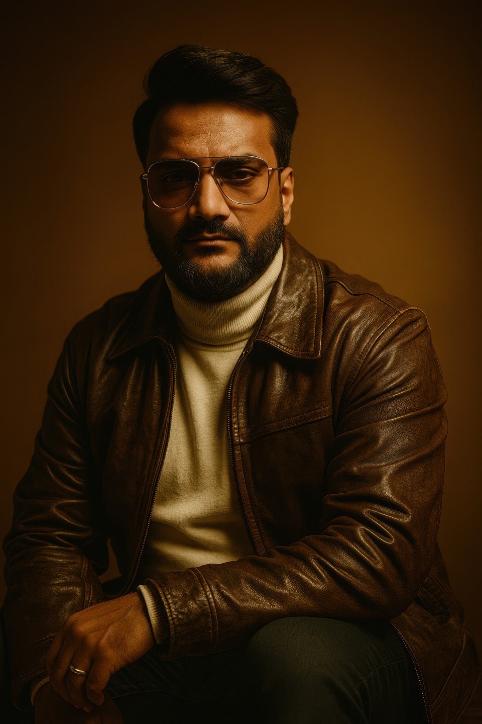 Fair skinned person in leather jacket over white turtleneck and gold aviators seated with thoughtful gaze on amber background. cinematic portrait