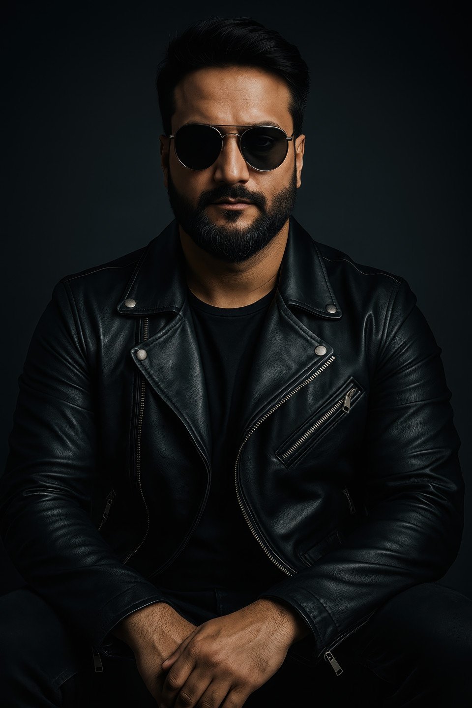 Fair skinned person in black leather jacket with silver zippers and round aviators seated calmly on charcoal backdrop. cinematic portrait