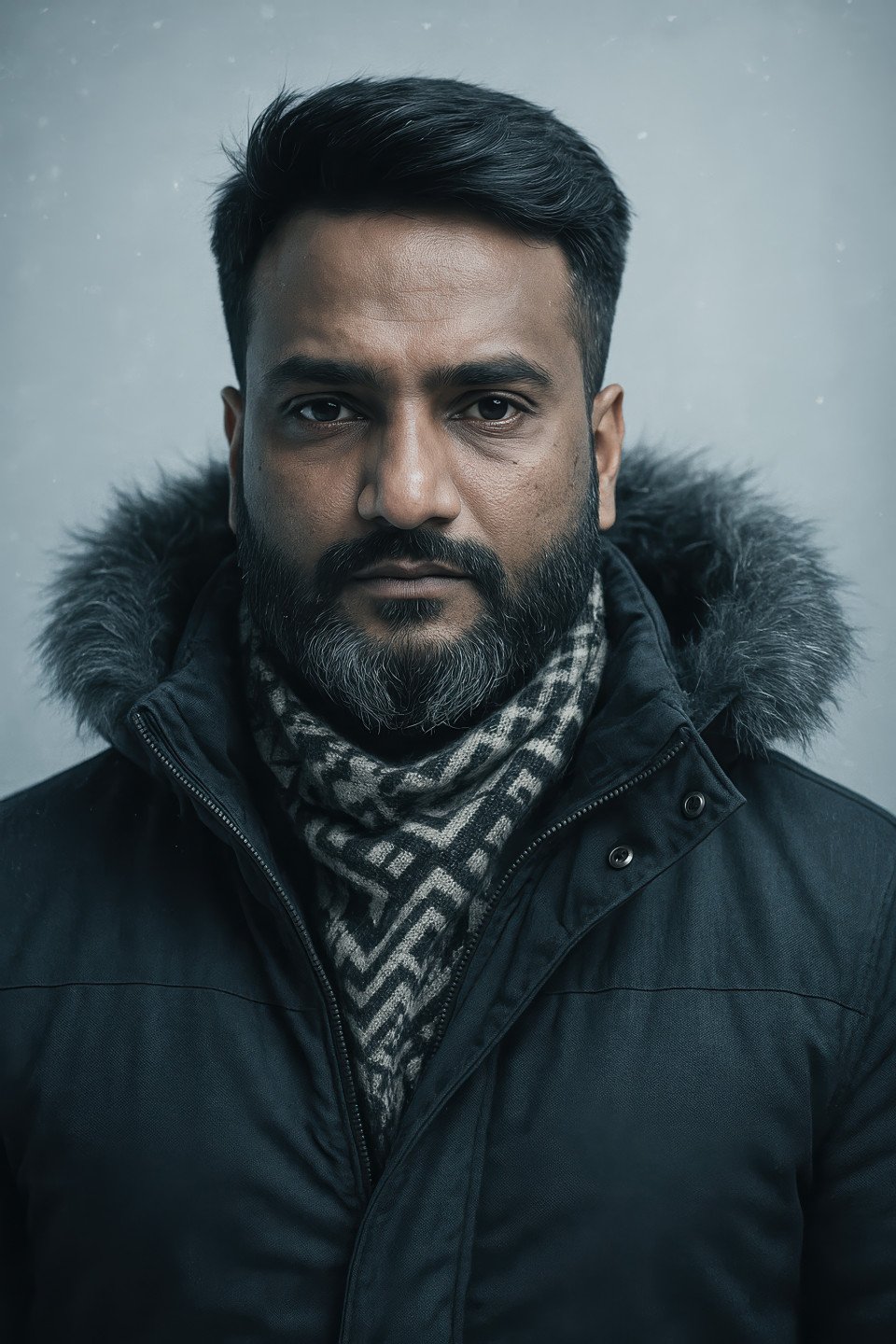 Fair skinned person in high collar winter coat