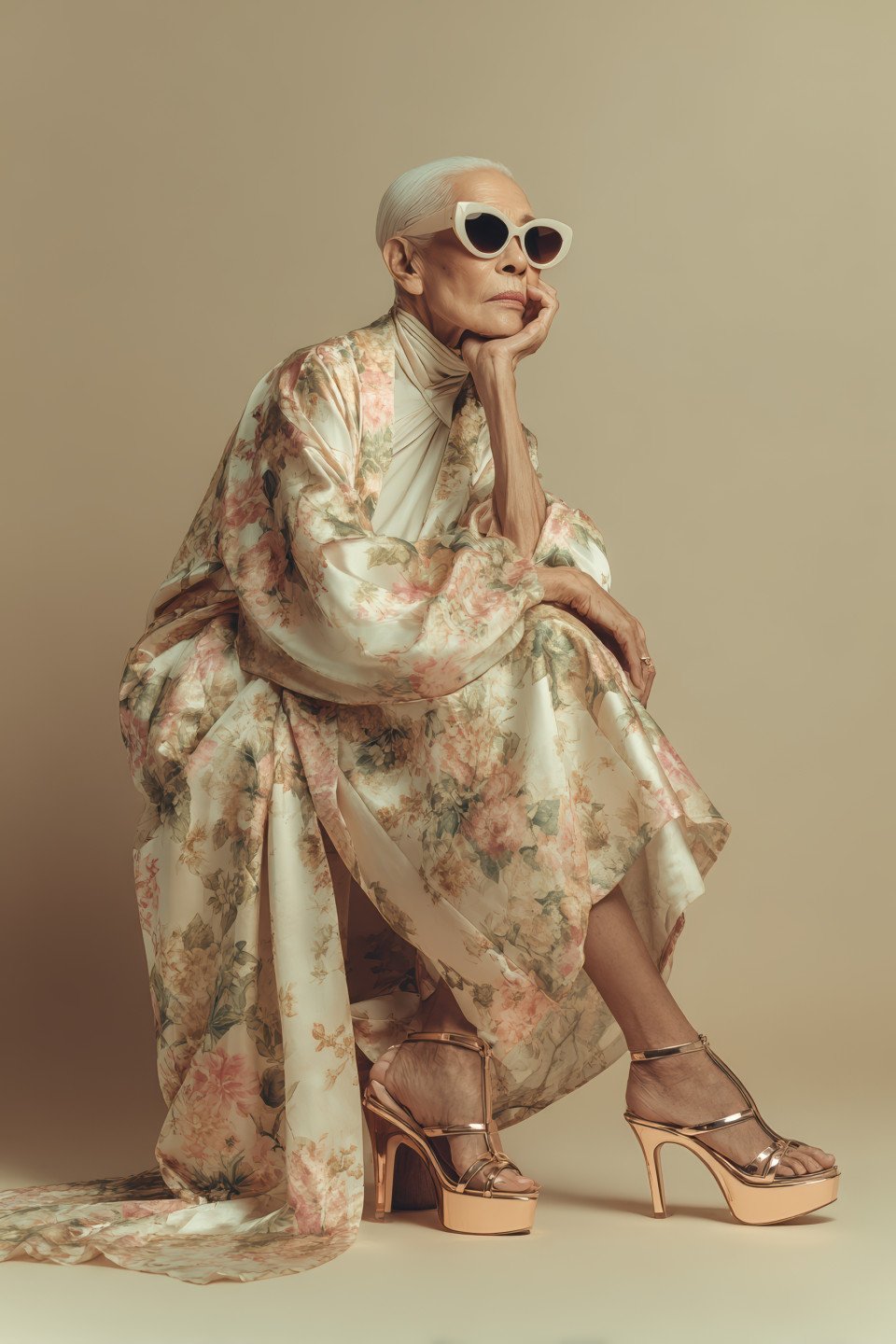 Stylish elderly woman in silk floral kimono