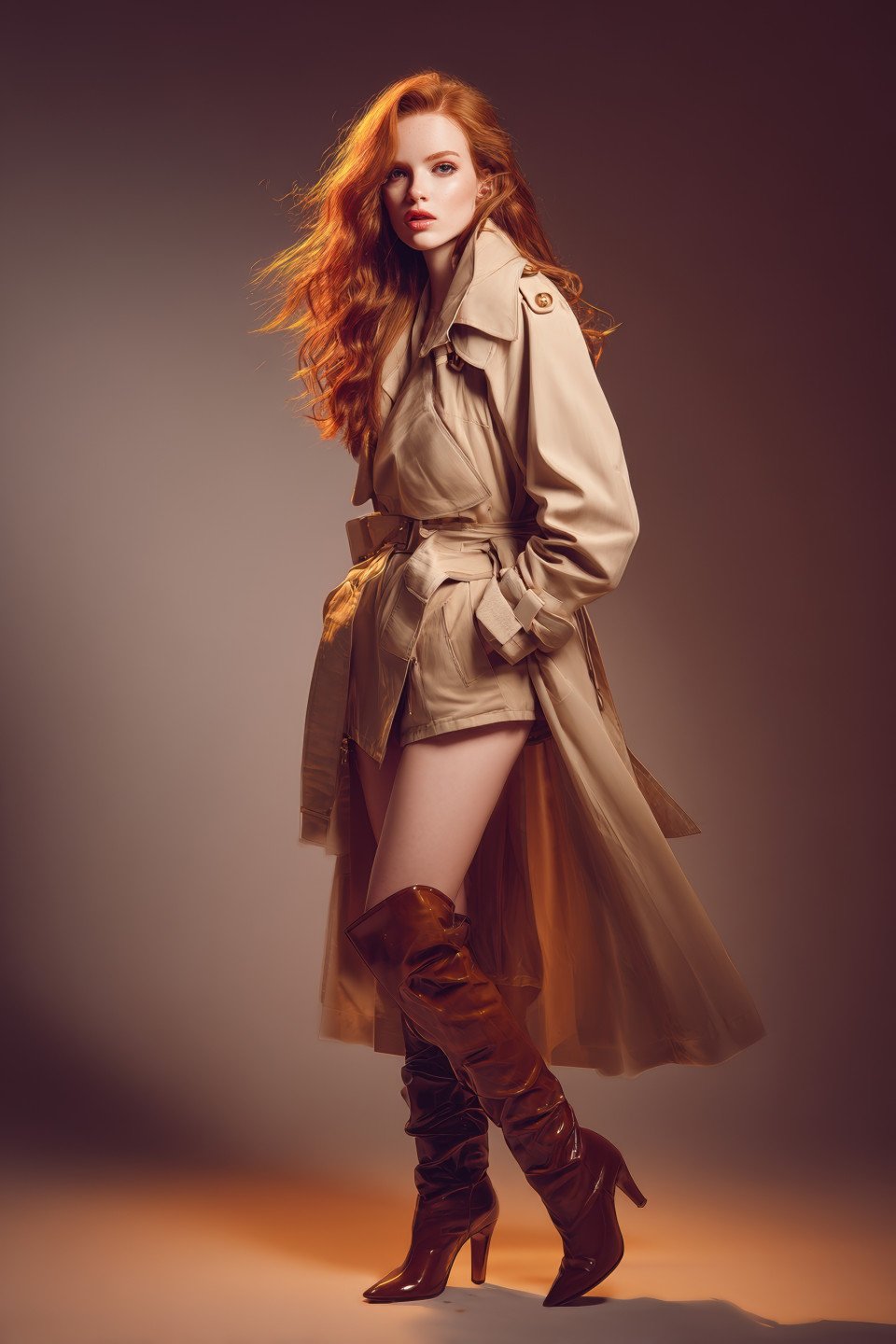 Red haired european woman in oversized trench coat and leather boots stands tall in bold fashion pose. luxury fashion prompt
