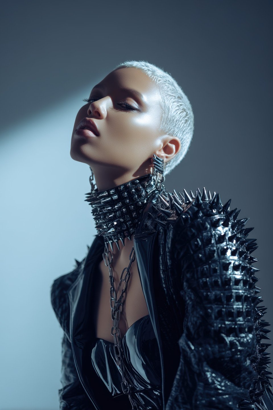 Non binary model with platinum buzzcut in sculpted latex and spiked gear striking a bold pose. luxury fashion prompt