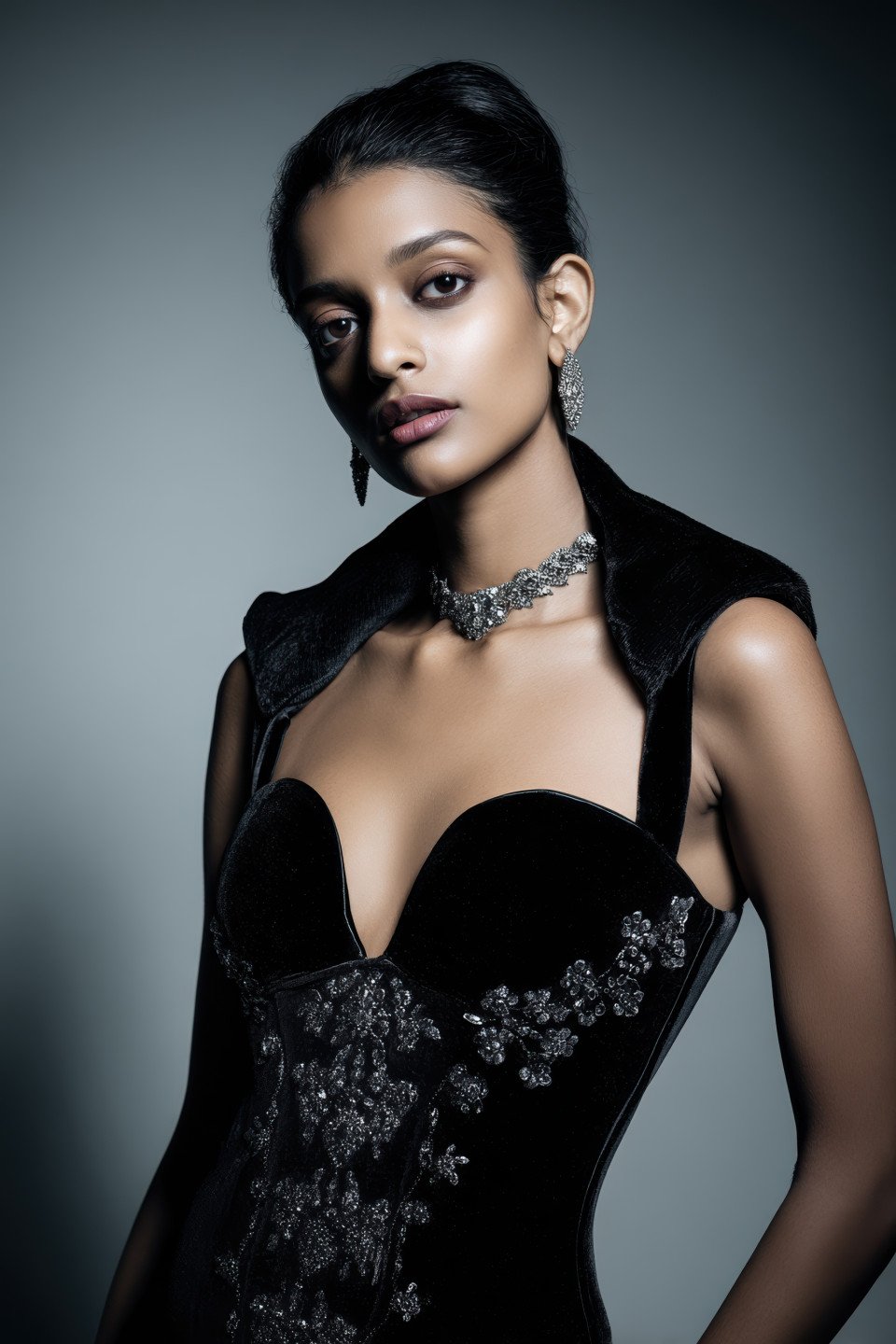 South asian woman in sculpted black velvet gown with silver details poses boldly in studio light. luxury fashion prompt