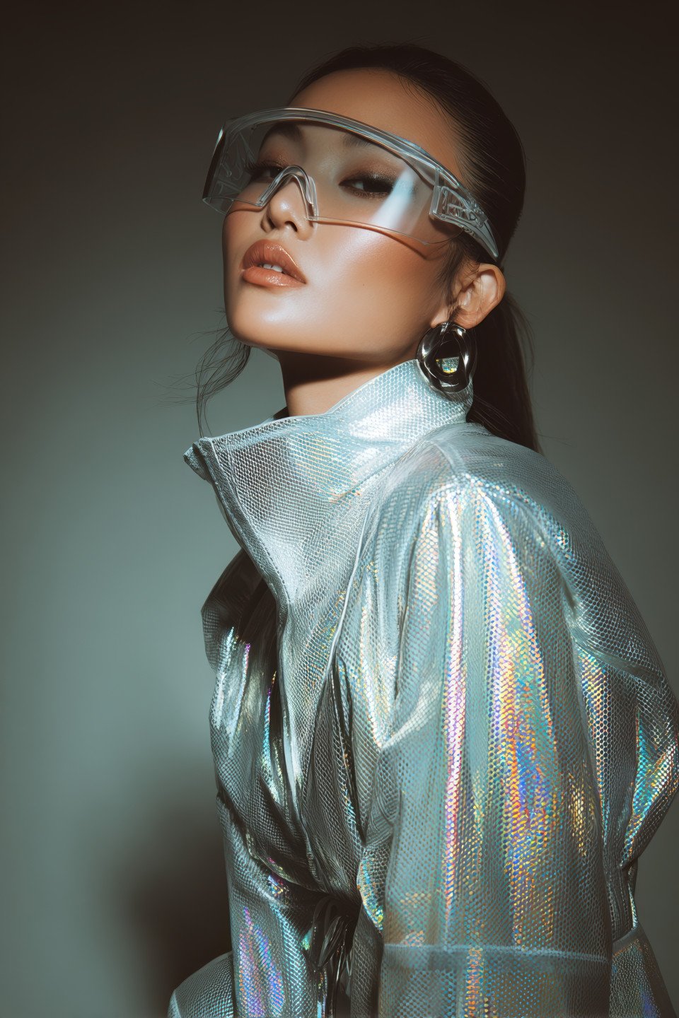 East asian model in shiny metallic outfit and visor glasses poses strong with futuristic style. luxury fashion prompt