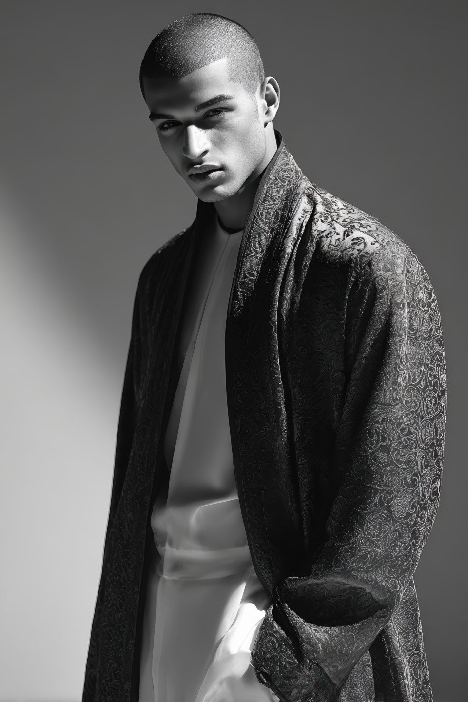 Middle eastern man in silk embroidered robe and minimalist outfit posing with elegance in soft lighting. luxury fashion prompt