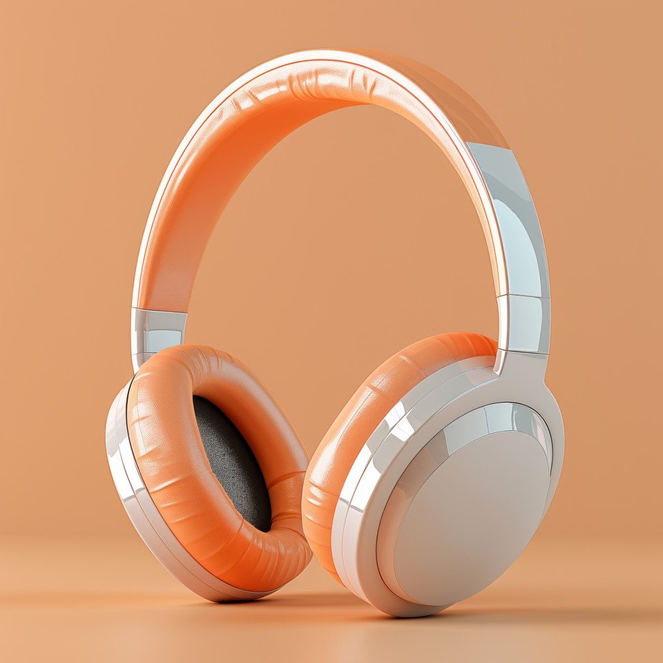 Minimal 3d render of headphones on light orange background