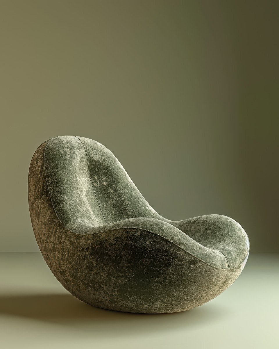 Elegant 3d render of a sculptural chair on muted olive green background