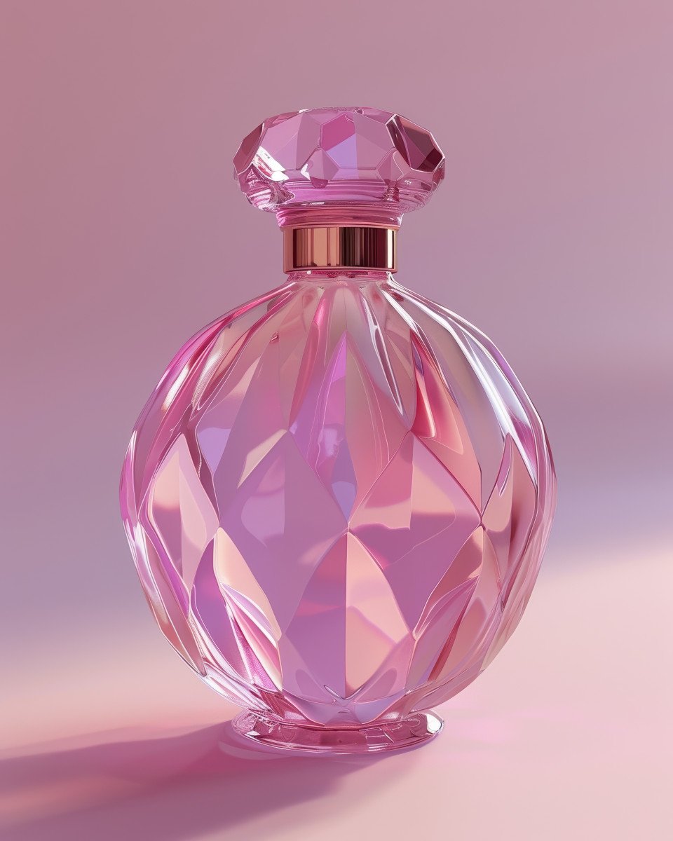 Minimal 3d render of a geometric perfume bottle on pale lavender background