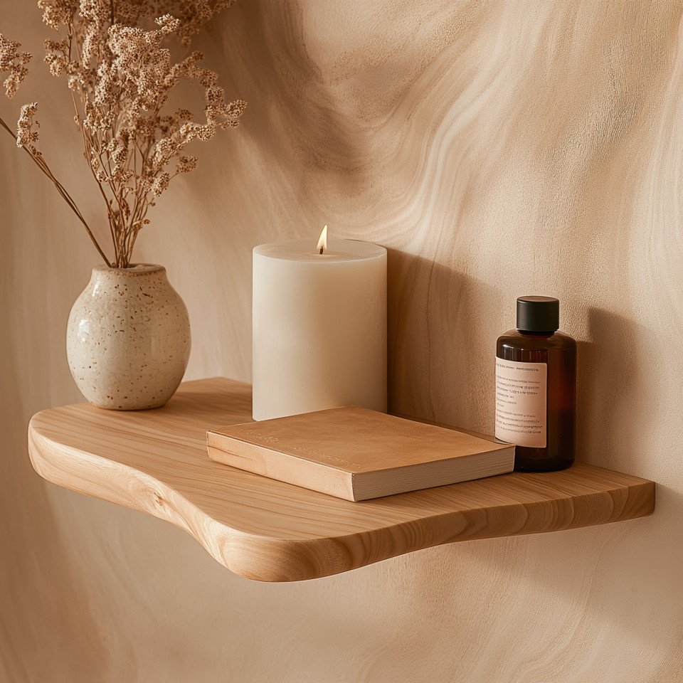 Close up of birch wood wall shelf