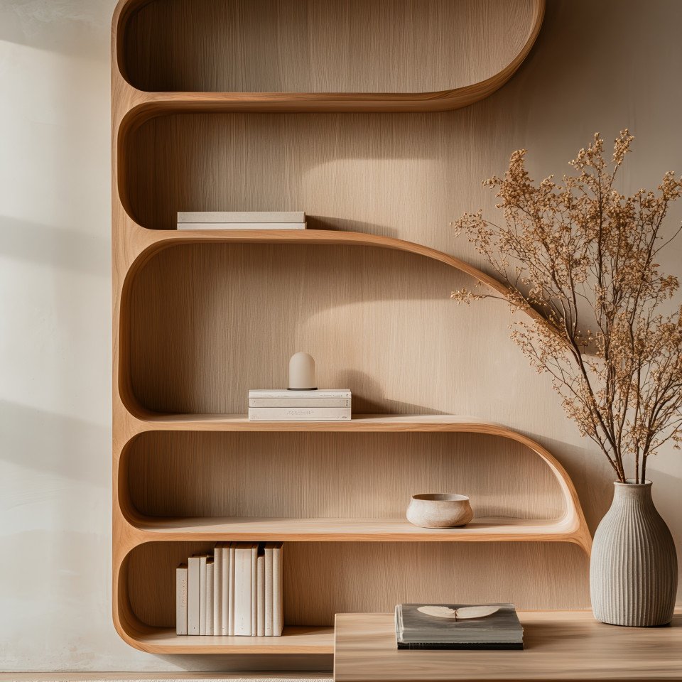 Close up of minimalist teak bookshelf