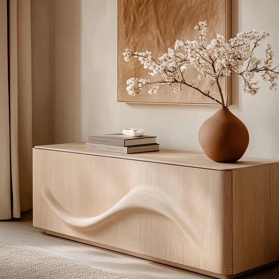 Close up of a minimalist oak sideboard with natural wood texture