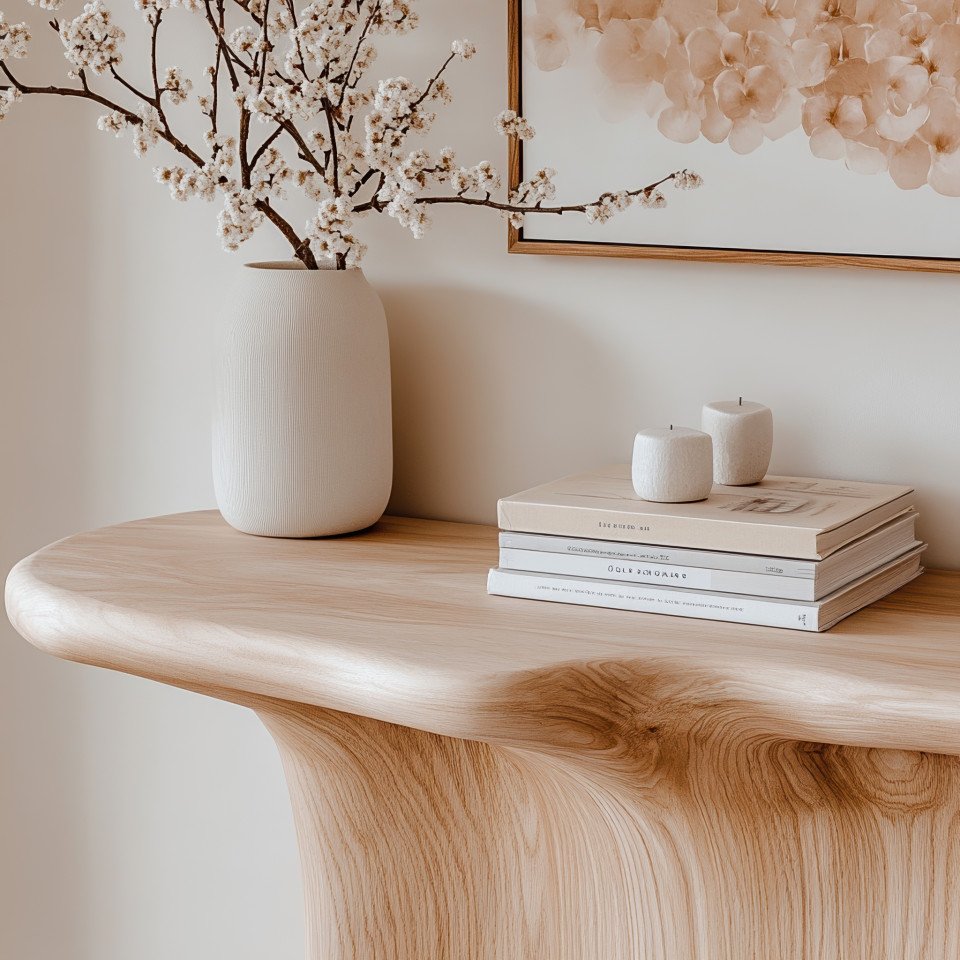 Maple console table close up in modern wooden style