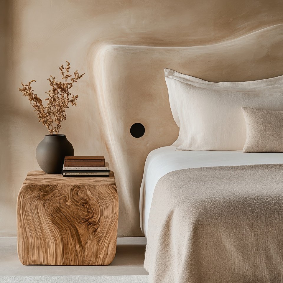 Pine nightstand in minimalist close up