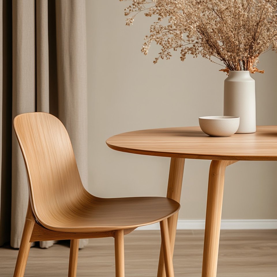 Close up of bamboo dining chair with retro modern style