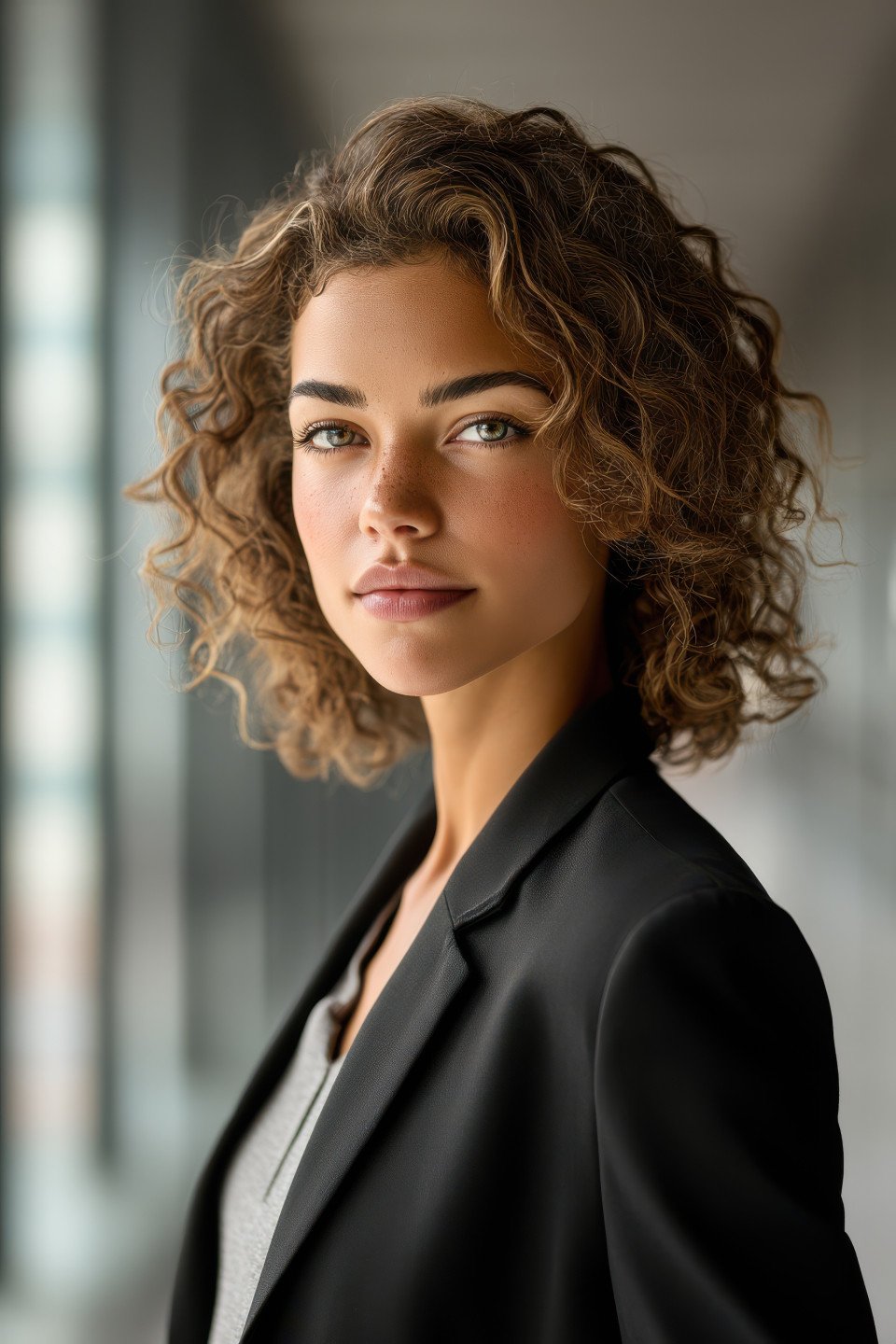 Mature executive woman in corporate outfit standing with soft smile in office setting