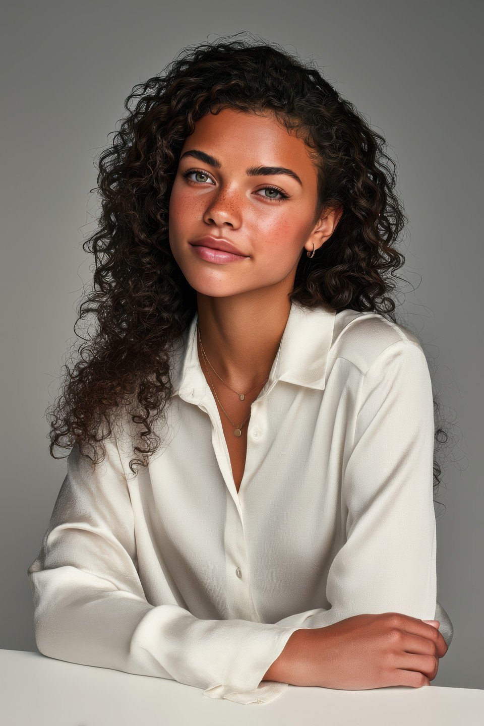 Confident young woman in formal blouse smiling in seated pose on light grey background