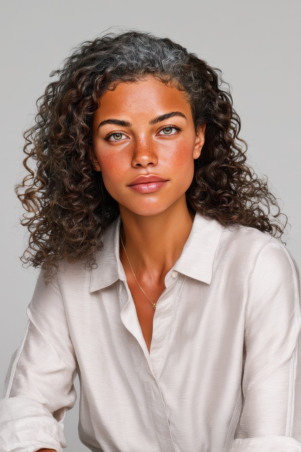 Mature woman in formal blouse seated upright with friendly look on light grey backdrop
