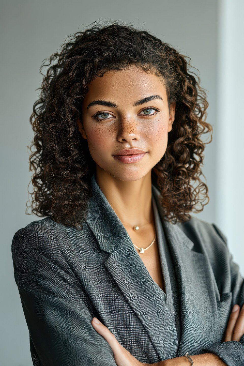 Confident young woman in business wear standing with smile in office background