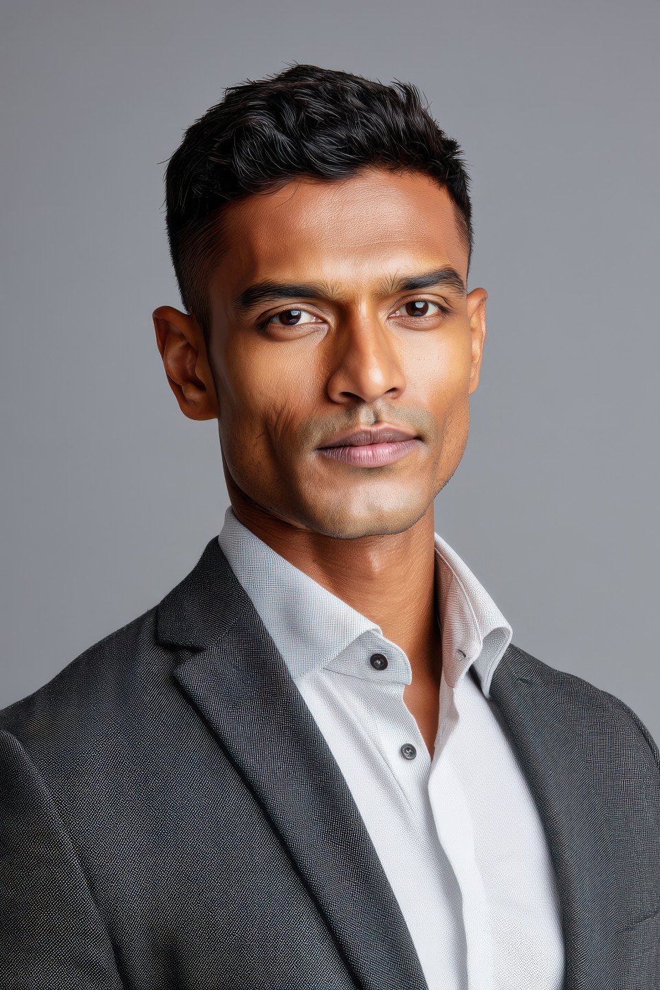 Confident young indian man in suit smiling in upright pose on light grey background
