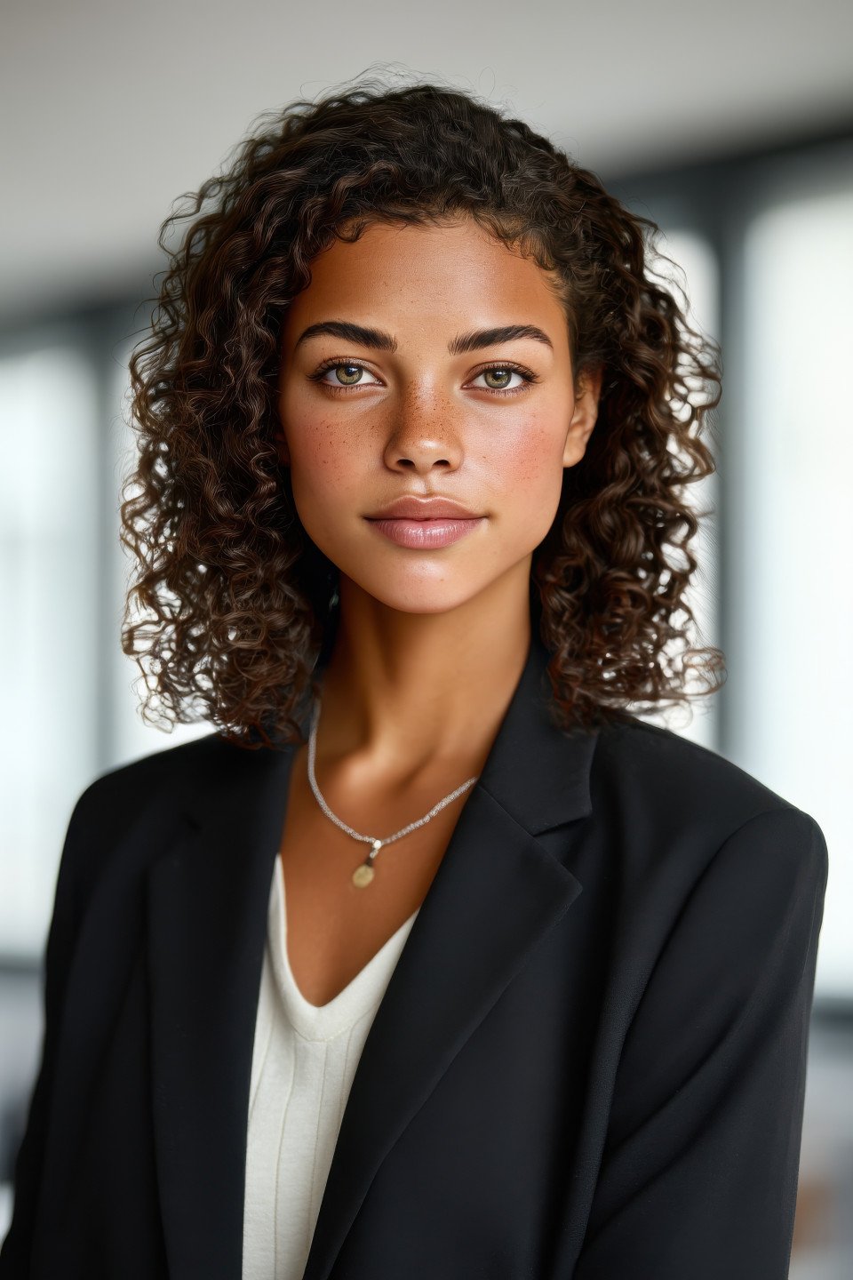 Young businesswoman smiling in corporate attire posed in office