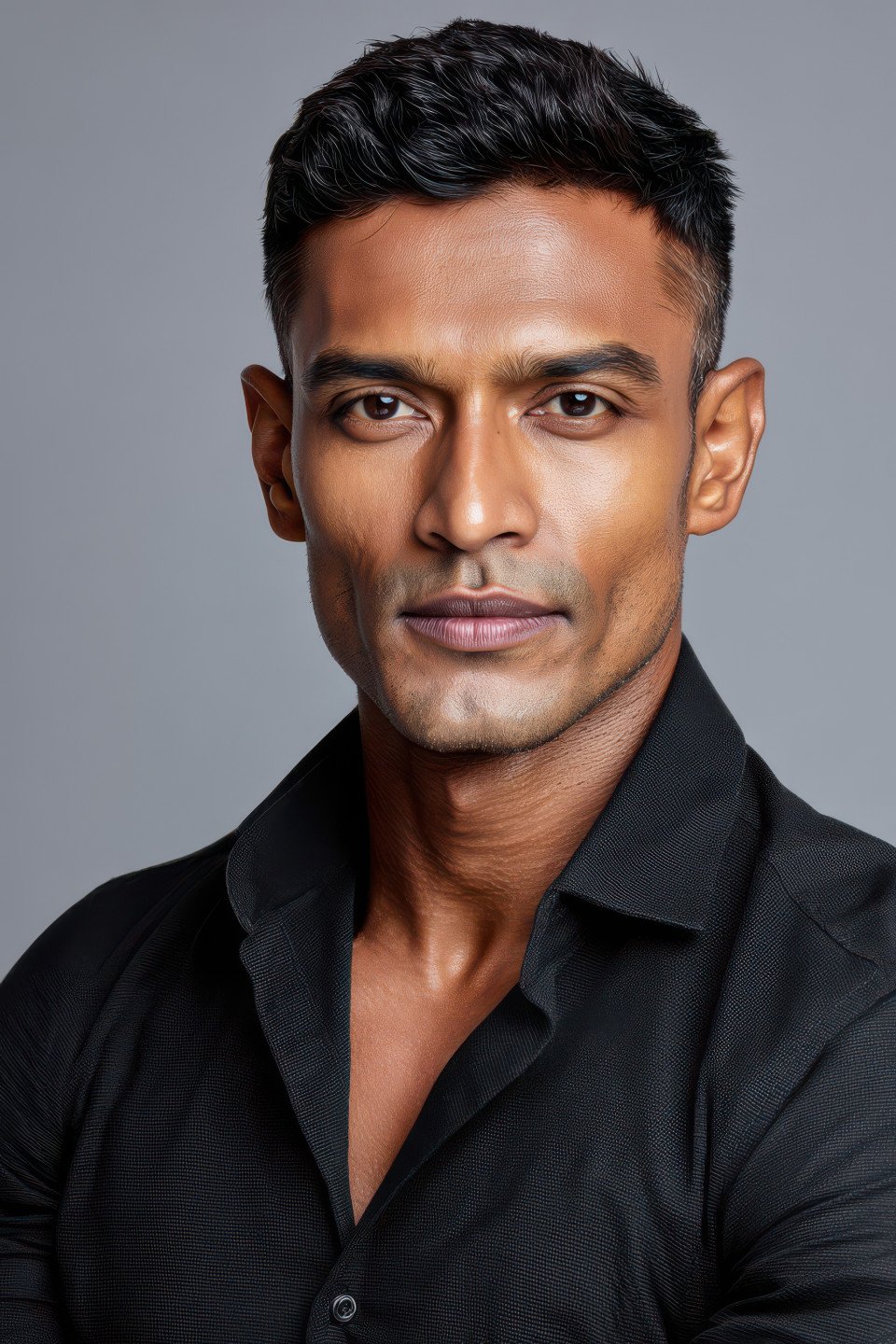Mature indian man in formal shirt seated upright on light grey background with calm expression