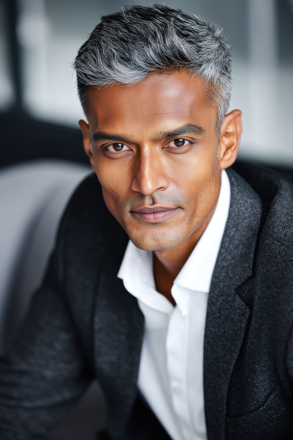 Mature indian executive man seated in office with kind look