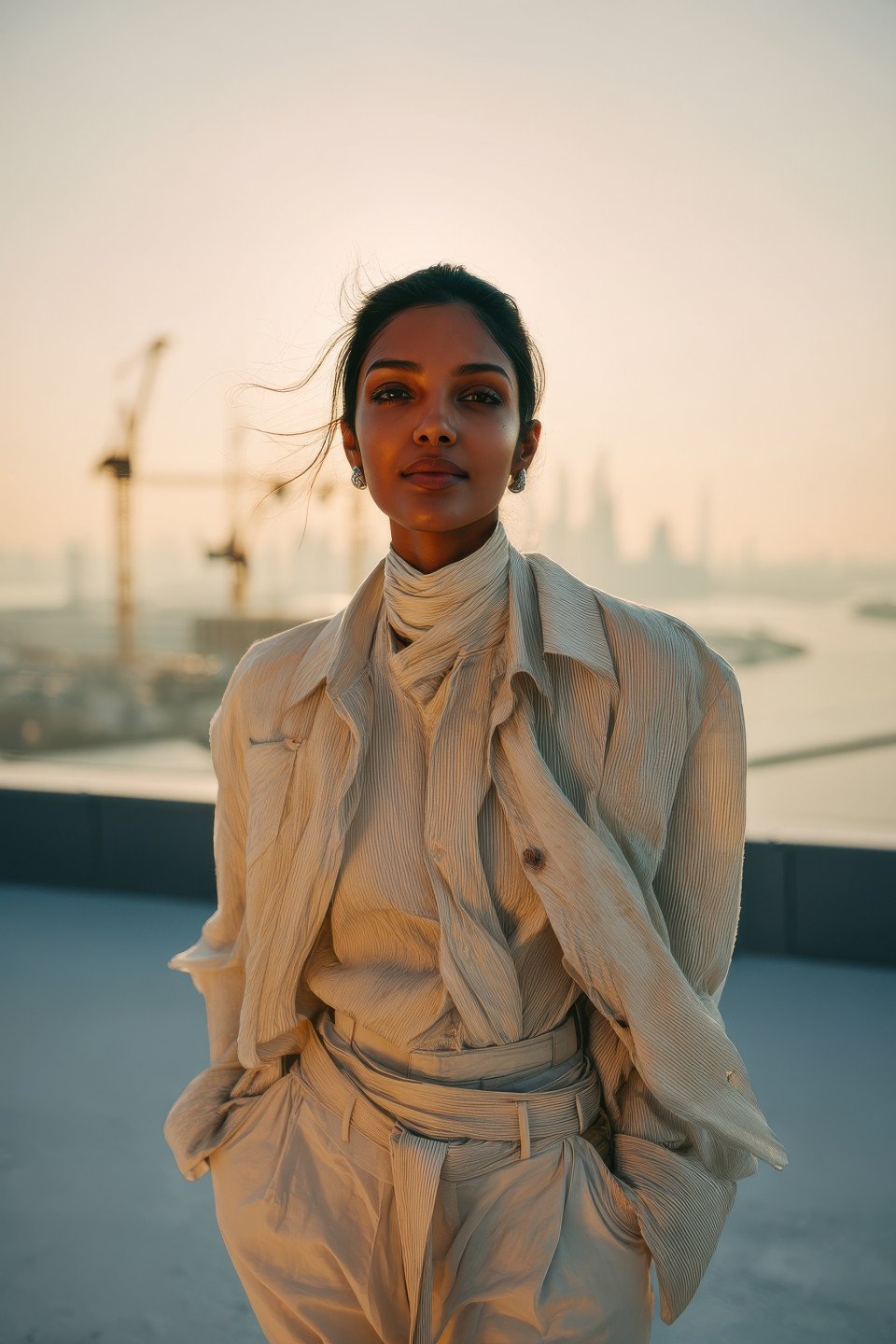 Stylish model in ivory beige fashion posing on rooftop at sunrise with soft light and confident look