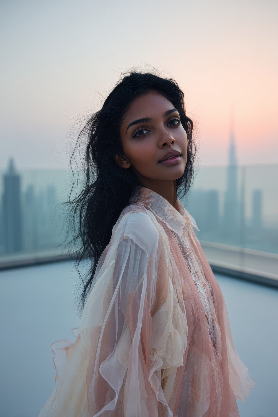 Dreamy model in pastel chiffon posing softly on rooftop at sunrise with glowing light