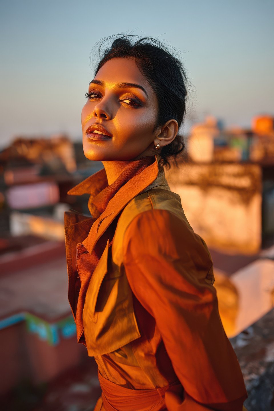 Bold model in orange gold outfit posing on rooftop at dusk with side light and vintage skyline