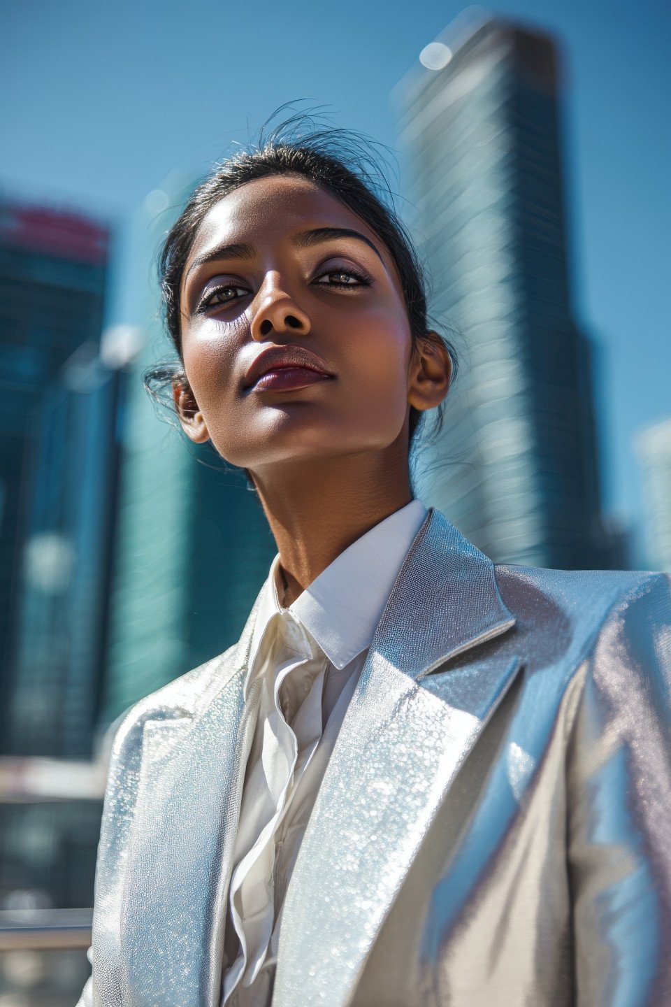 Assertive model in metallic silver suit posing on rooftop at midday with sharp light and city backdrop