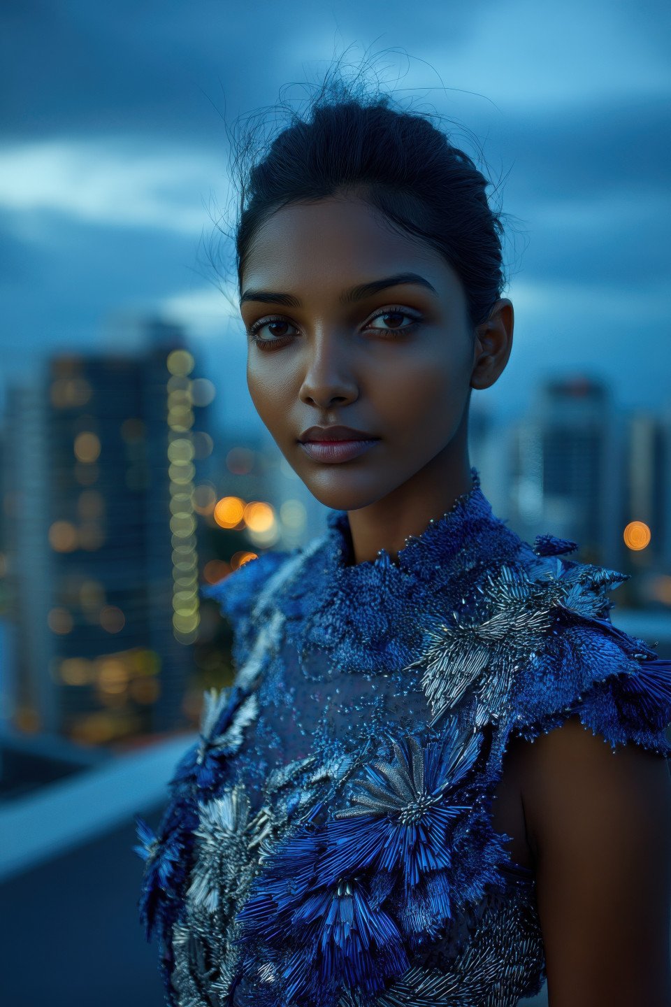 Intense model in sapphire couture outfit on rooftop during blue hour with soft light and moody sky