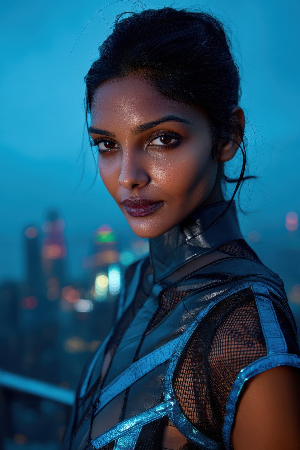 Confident model in charcoal blue leather outfit on rooftop at twilight with bold lighting