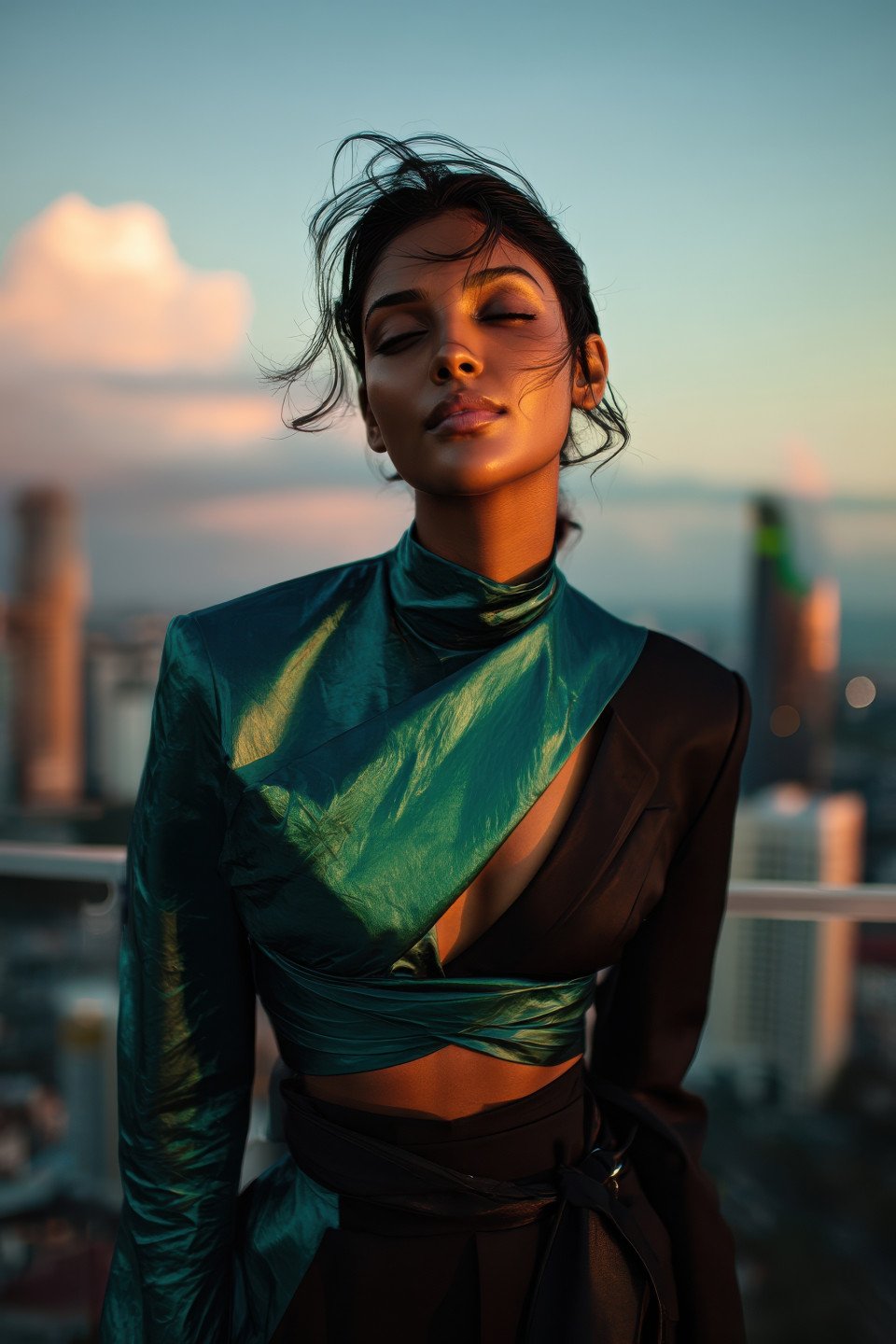 Model in emerald black avant garde outfit standing on rooftop at golden hour with relaxed gaze
