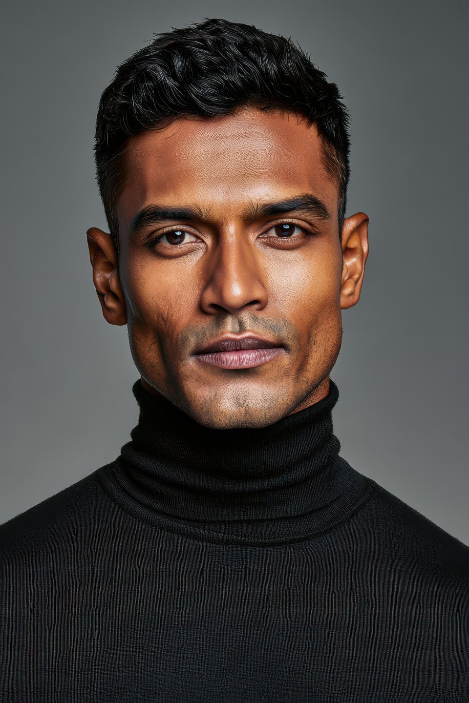 Indian man in black turtleneck with sharp features and confident look