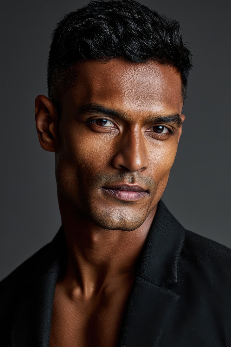 Calm indian man in suit jacket with relaxed pose on dark gradient background