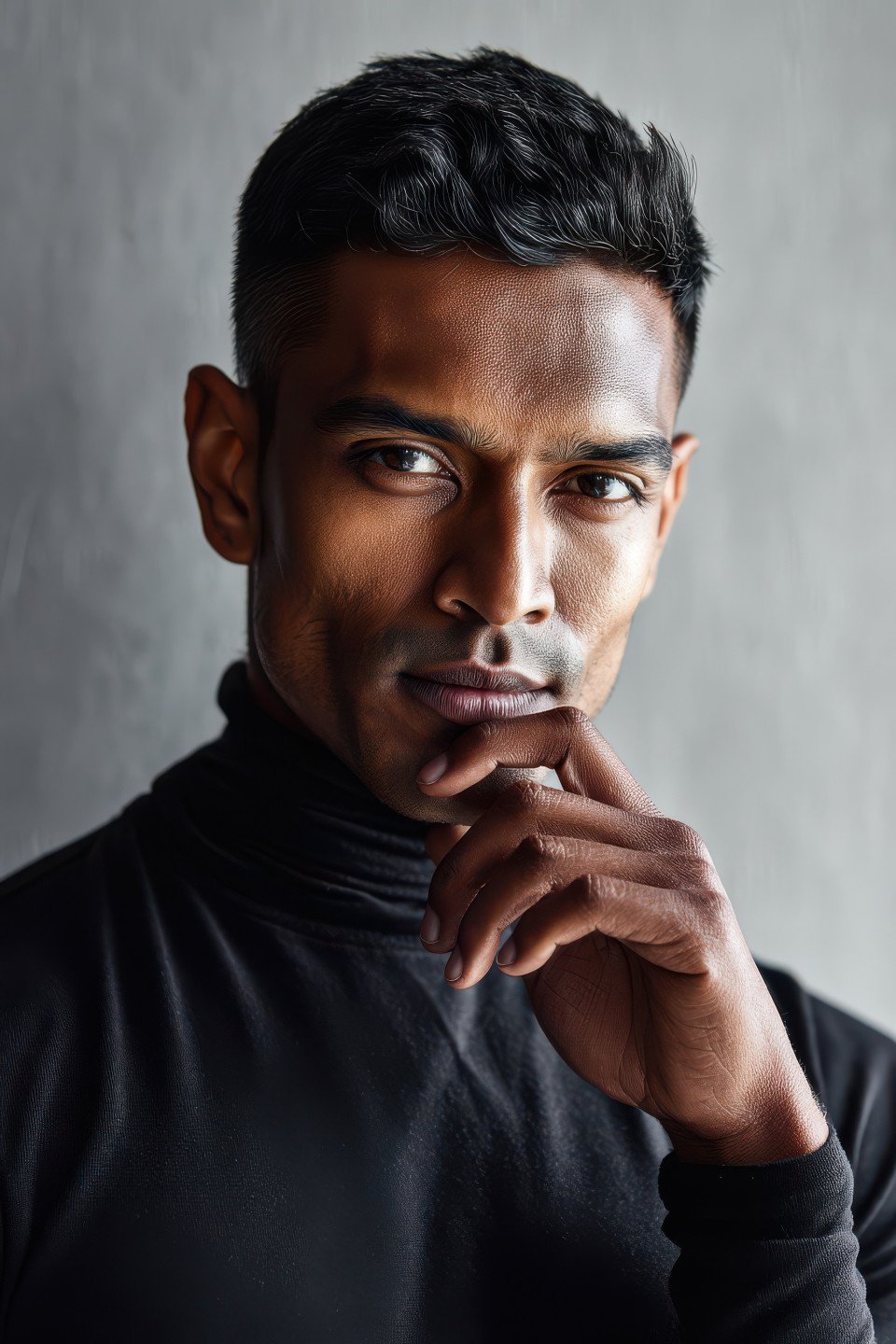 Indian man in black turtleneck gently touching chin