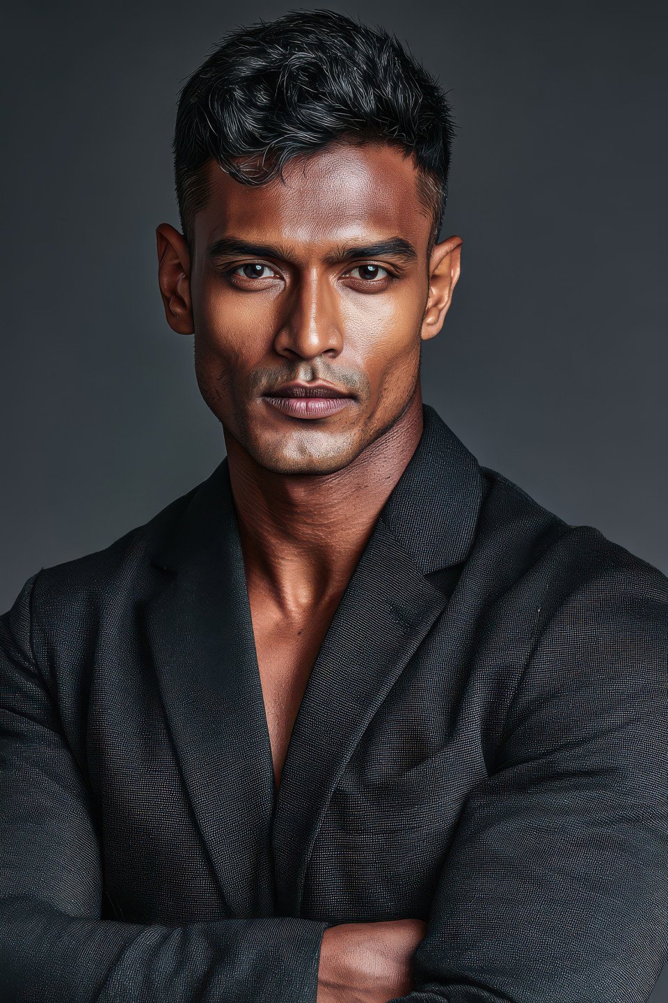 Indian man in modern suit jacket with intense gaze and crossed arms on dark background