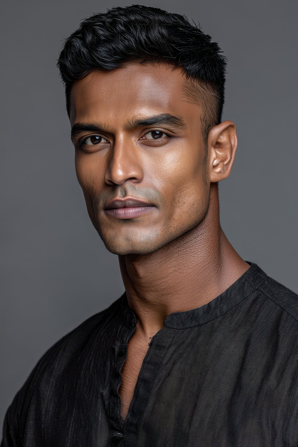 Indian man in kurta with confident face and angled pose on neutral grey