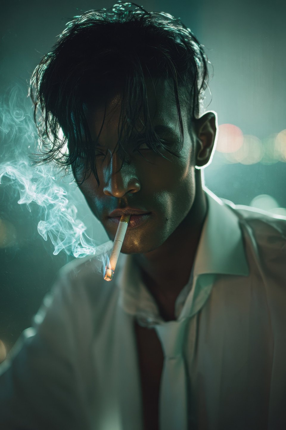 Man lights cigarette on fire escape under harsh split light