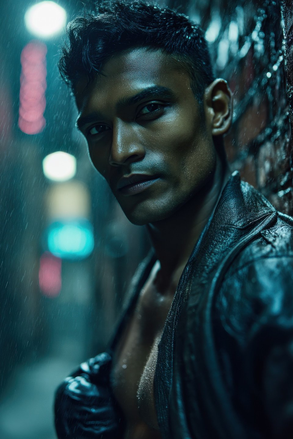 Brooding male model in leather jacket leans on brick wall under moody streetlamp in foggy alley