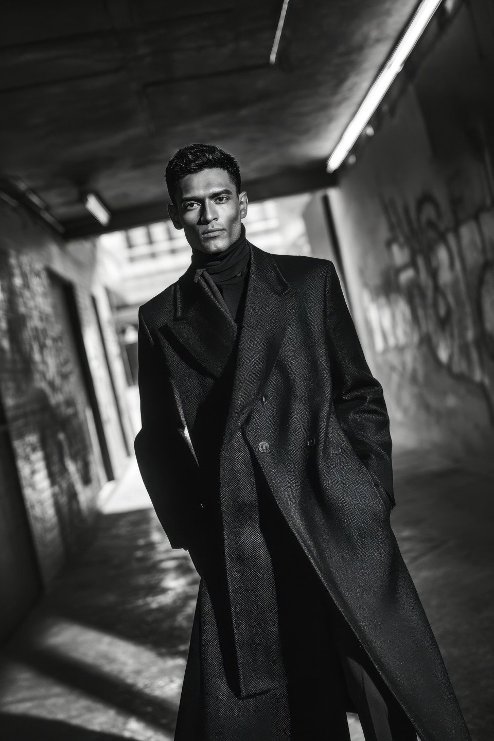 Confident man in coat and scarf walks briskly past graffiti wall under neon sign shadows
