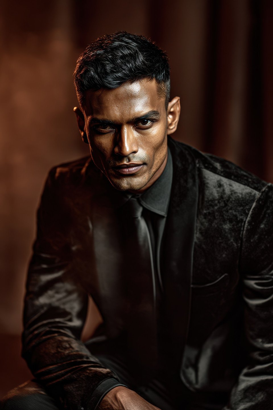 Mysterious indian man in velvet suit sits under spotlight in smoky jazz lounge with velvet curtains